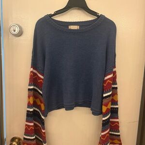 Altar'd State Blue Sweater with Multicolor Patterned Sleeves